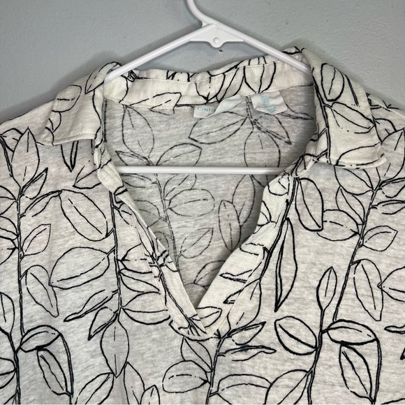 Cynthia Rowley Women 100% Linen Collared Pullover T Shirt Sz L White Black Leave - Picture 2 of 9